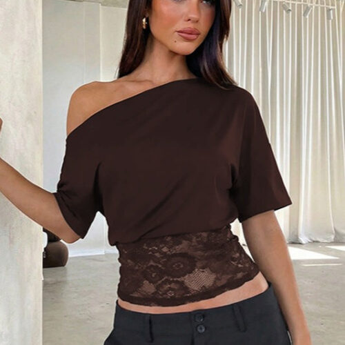 Asymmetric Off Shoulder Lace Waist Slim Crop T-shirt