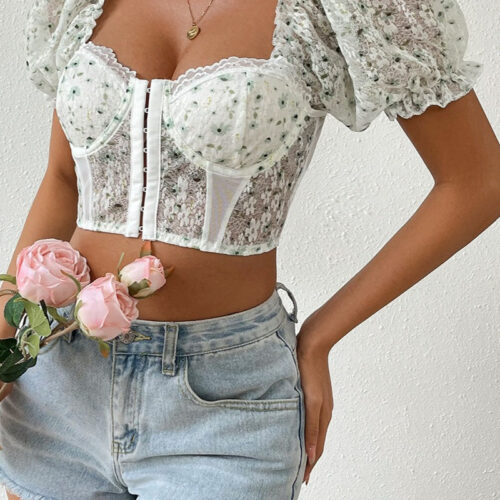 Printed Button Front Low Cut Backless Blouse