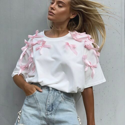 Cute Bowknot Ribbon Loose Short Sleeve T-shirt