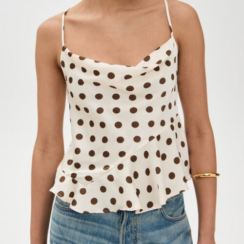 Ruffle Draped Neck Polka Dot Tie Back Cami Top