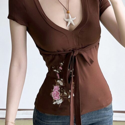 Vintage Floral Embroidery Tie Waist V Neck T-shirt