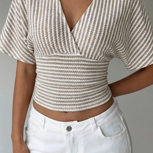 V Neck Striped Bat Sleeve T-shirt