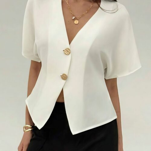 Irregular Button Open Front Short Sleeve Blouse