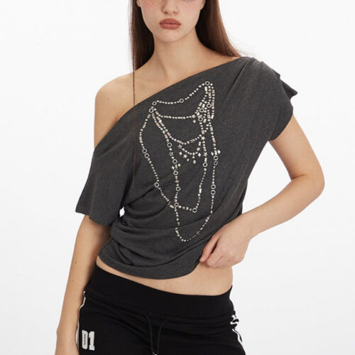 Asym Neck Beaded Cropped T?shirt