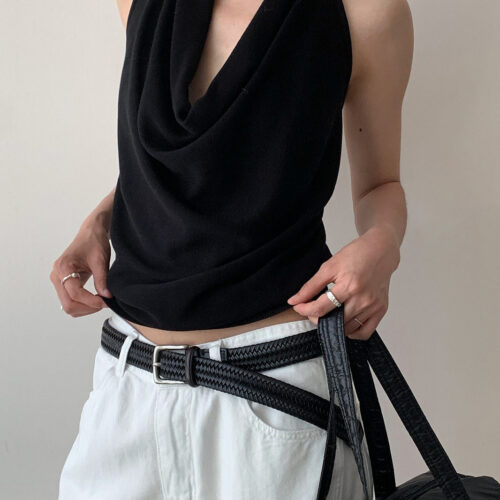 Elegant Solid Draped Neck Halter Top